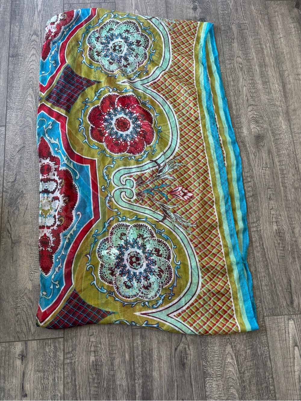 Boho Medallion Floral Wrap Scarf in Red, Turquoise & Mustard